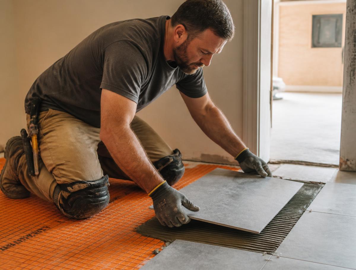 Tile installer setting large-format porcelain over an uncoupling membrane